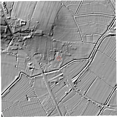 Shaded relief map of the ground around TA64RS, computed from Environment Agency LiDAR. The ground here sits at about 6 m above sea level and falls 15 m across the surrounding 800 m. Surface water reaching this point runs off ground lying to the north-north-west, 5.2 m higher.