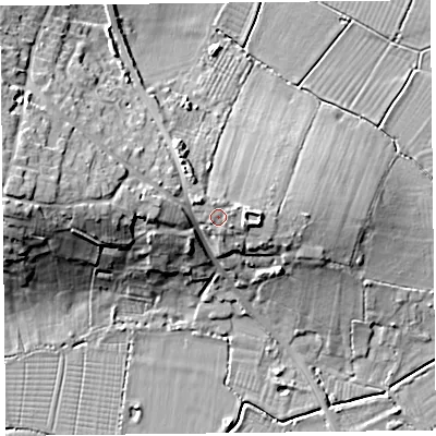 Shaded relief map of the ground around TA64RT, computed from Environment Agency LiDAR. The ground here sits at about 17 m above sea level and falls 19 m across the surrounding 800 m. Surface water reaching this point runs off ground lying to the north-west, 2.1 m higher.