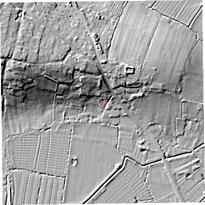 Shaded relief map of the ground around TA64RU, computed from Environment Agency LiDAR. The ground here sits at about 8 m above sea level and falls 20 m across the surrounding 800 m. Surface water reaching this point runs off ground lying to the north, 9.6 m higher.