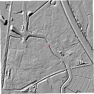 Shaded relief map of the ground around TA64RW, computed from Environment Agency LiDAR. The ground here sits at about 6 m above sea level and falls 10 m across the surrounding 800 m. Surface water reaching this point runs off ground lying to the west-north-west, 4.1 m higher.