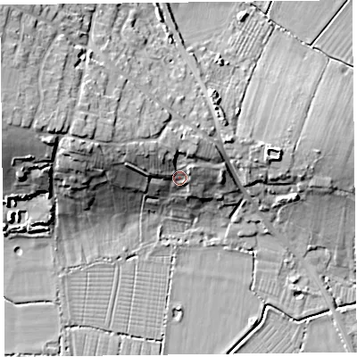 Shaded relief map of the ground around TA64RX, computed from Environment Agency LiDAR. The ground here sits at about 15 m above sea level and falls 22 m across the surrounding 800 m. Surface water reaching this point runs off ground lying to the north-north-west, 8.1 m higher.