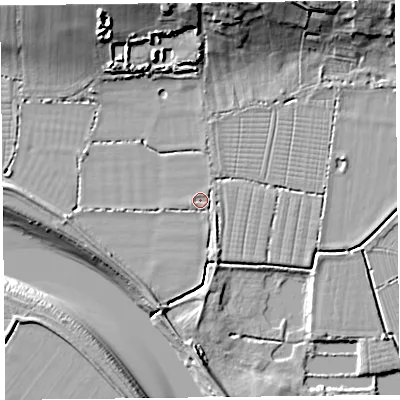 Shaded relief map of the ground around TA64SE, computed from Environment Agency LiDAR. The ground here sits at about 6 m above sea level and falls 20 m across the surrounding 800 m. Surface water reaching this point runs off ground lying to the south-south-west, 5.3 m higher.