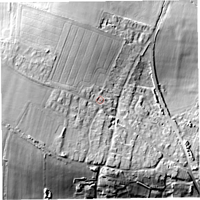 Shaded relief map of the ground around TA64SQ, computed from Environment Agency LiDAR. The ground here sits at about 22 m above sea level and falls 25 m across the surrounding 800 m. Surface water reaching this point runs off ground lying to the west-south-west, 9.6 m higher.