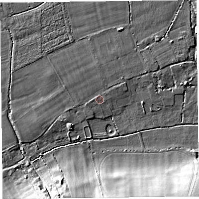 Shaded relief map of the ground around TA64SR, computed from Environment Agency LiDAR. The ground here sits at about 6 m above sea level and falls 14 m across the surrounding 800 m. Surface water reaching this point runs off ground lying to the west, 0.8 m higher.