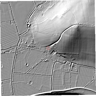 Shaded relief map of the ground around TA64SS, computed from Environment Agency LiDAR. The ground here sits at about 9 m above sea level and falls 34 m across the surrounding 800 m. Surface water reaching this point runs off ground lying to the north-east, 25.8 m higher.
