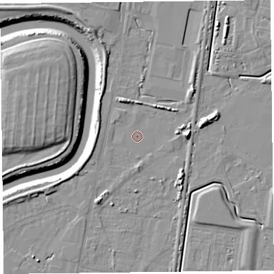 Shaded relief map of the ground around TA64SY, computed from Environment Agency LiDAR. The ground here sits at about 6 m above sea level and falls 11 m across the surrounding 800 m. Surface water reaching this point runs off ground lying to the south-south-west, 3.1 m higher.