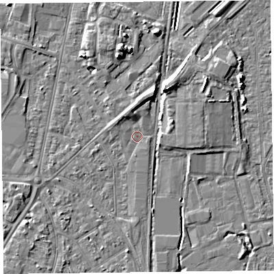 Shaded relief map of the ground around TA64SZ, computed from Environment Agency LiDAR. The ground here sits at about 7 m above sea level and falls 7 m across the surrounding 800 m. Surface water reaching this point runs off ground lying to the north-north-west, 2.5 m higher.