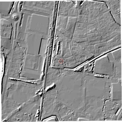 Shaded relief map of the ground around TA64TA, computed from Environment Agency LiDAR. The ground here sits at about 7 m above sea level and falls 9 m across the surrounding 800 m. Surface water reaching this point runs off ground lying to the north-west, 1.2 m higher.