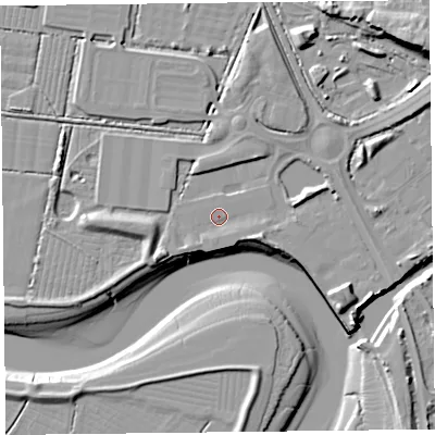 Shaded relief map of the ground around TA64TB, computed from Environment Agency LiDAR. The ground here sits at about 7 m above sea level and falls 17 m across the surrounding 800 m. Surface water reaching this point runs off ground lying to the east-south-east, 3.7 m higher.
