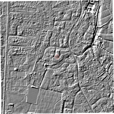 Shaded relief map of the ground around TA64TD, computed from Environment Agency LiDAR. The ground here sits at about 7 m above sea level and falls 3 m across the surrounding 800 m. Surface water reaching this point runs off ground lying to the west, 0.6 m higher.
