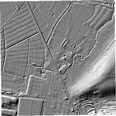 Shaded relief map of the ground around TA64TF, computed from Environment Agency LiDAR. The ground here sits at about 6 m above sea level and falls 11 m across the surrounding 800 m. Surface water reaching this point runs off ground lying to the north-east, 3.3 m higher.