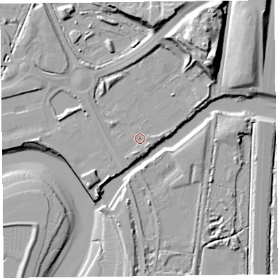 Shaded relief map of the ground around TA64TL, computed from Environment Agency LiDAR. The ground here sits at about 7 m above sea level and falls 23 m across the surrounding 800 m. Surface water reaching this point runs off ground lying to the south-south-west, 1.9 m higher.