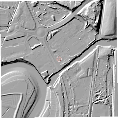 Shaded relief map of the ground around TA64TN, computed from Environment Agency LiDAR. The ground here sits at about 7 m above sea level and falls 23 m across the surrounding 800 m. Surface water reaching this point runs off ground lying to the south-east, 1.9 m higher.