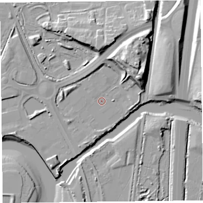 Shaded relief map of the ground around TA64TP, computed from Environment Agency LiDAR. The ground here sits at about 6 m above sea level and falls 23 m across the surrounding 800 m. Surface water reaching this point runs off ground lying to the north-east, 17.0 m higher.