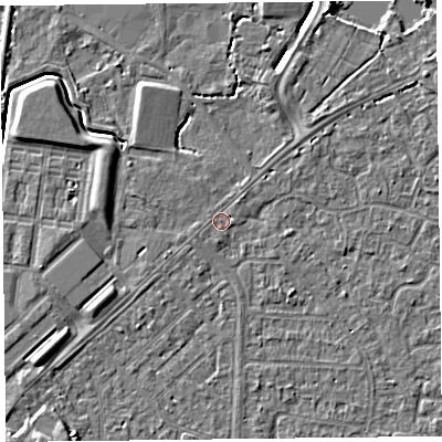 Shaded relief map of the ground around TA64TR, computed from Environment Agency LiDAR. The ground here sits at about 6 m above sea level and falls 4 m across the surrounding 800 m. Surface water reaching this point runs off ground lying to the south-west, 2.8 m higher.
