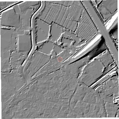 Shaded relief map of the ground around TA64TS, computed from Environment Agency LiDAR. The ground here sits at about 6 m above sea level and falls 11 m across the surrounding 800 m. Surface water reaching this point runs off ground lying to the east-south-east, 1.6 m higher.