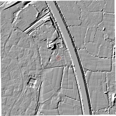 Shaded relief map of the ground around TA64TT, computed from Environment Agency LiDAR. The ground here sits at about 6 m above sea level and falls 8 m across the surrounding 800 m. Surface water reaching this point runs off ground lying to the north-north-west, 5.5 m higher.
