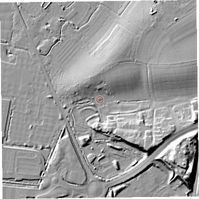 Shaded relief map of the ground around TA64TW, computed from Environment Agency LiDAR. The ground here sits at about 8 m above sea level and falls 19 m across the surrounding 800 m. Surface water reaching this point runs off ground lying to the south-east, 12.6 m higher.