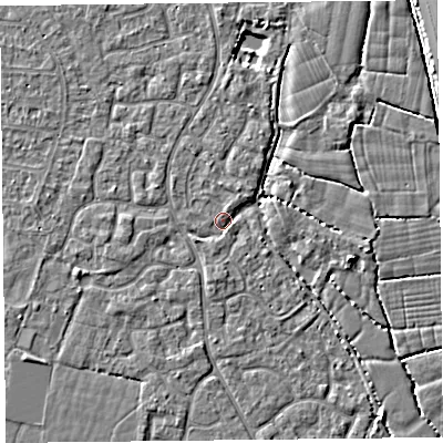 Shaded relief map of the ground around TA64TX, computed from Environment Agency LiDAR. The ground here sits at about 6 m above sea level and falls 4 m across the surrounding 800 m. Surface water reaching this point runs off ground lying to the east-south-east, 3.1 m higher.