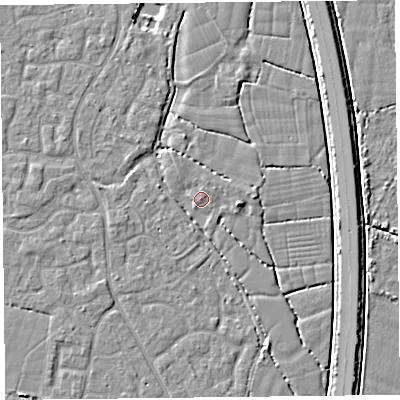 Shaded relief map of the ground around TA64TY, computed from Environment Agency LiDAR. The ground here sits at about 7 m above sea level and falls 4 m across the surrounding 800 m. Surface water reaching this point runs off ground lying to the east, 2.9 m higher.