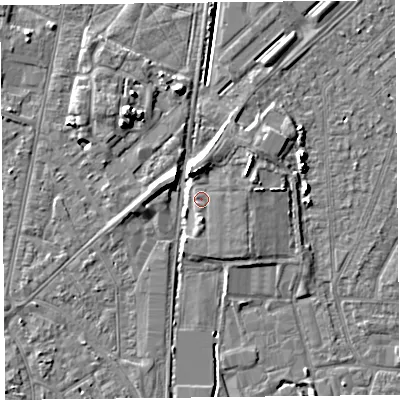 Shaded relief map of the ground around TA64TZ, computed from Environment Agency LiDAR. The ground here sits at about 8 m above sea level and falls 7 m across the surrounding 800 m. Surface water reaching this point runs off ground lying to the north, 4.3 m higher.