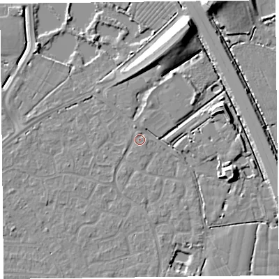 Shaded relief map of the ground around TA64UA, computed from Environment Agency LiDAR. The ground here sits at about 7 m above sea level and falls 11 m across the surrounding 800 m. Surface water reaching this point runs off ground lying to the north-north-east, 1.8 m higher.