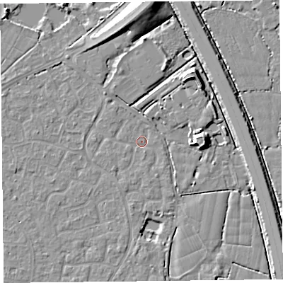 Shaded relief map of the ground around TA64UB, computed from Environment Agency LiDAR. The ground here sits at about 6 m above sea level and falls 10 m across the surrounding 800 m. Surface water reaching this point runs off ground lying to the south-south-east, 0.8 m higher.