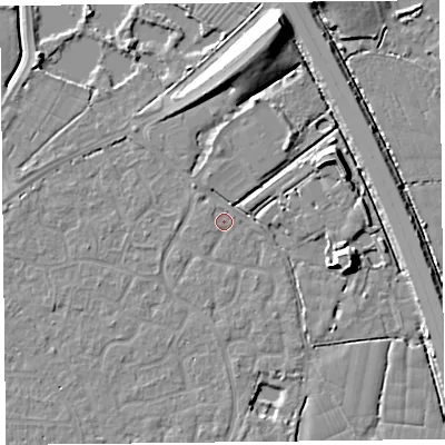 Shaded relief map of the ground around TA64UD, computed from Environment Agency LiDAR. The ground here sits at about 6 m above sea level and falls 11 m across the surrounding 800 m. Surface water reaching this point runs off ground lying to the west-north-west, 0.8 m higher.