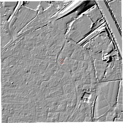 Shaded relief map of the ground around TA64UE, computed from Environment Agency LiDAR. The ground here sits at about 6 m above sea level and falls 10 m across the surrounding 800 m. Surface water reaching this point runs off ground lying to the north, 2.9 m higher.