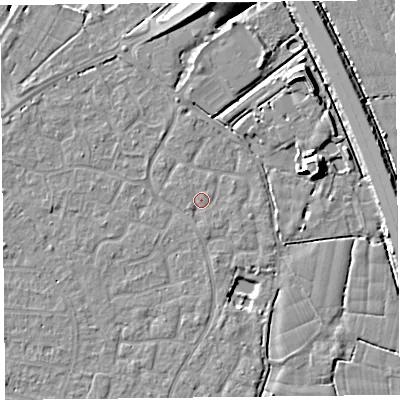 Shaded relief map of the ground around TA64UF, computed from Environment Agency LiDAR. The ground here sits at about 6 m above sea level and falls 8 m across the surrounding 800 m. Surface water reaching this point runs off ground lying to the east-north-east, 0.7 m higher.
