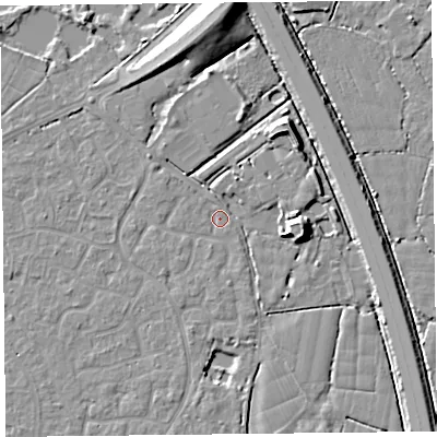Shaded relief map of the ground around TA64UG, computed from Environment Agency LiDAR. The ground here sits at about 6 m above sea level and falls 11 m across the surrounding 800 m. Surface water reaching this point runs off ground lying to the north, 10.3 m higher.