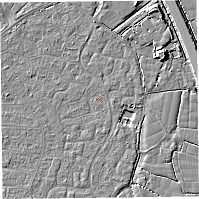 Shaded relief map of the ground around TA64UL, computed from Environment Agency LiDAR. The ground here sits at about 6 m above sea level and falls 8 m across the surrounding 800 m. Surface water reaching this point runs off ground lying to the north, 1.1 m higher.