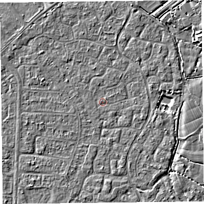 Shaded relief map of the ground around TA64UN, computed from Environment Agency LiDAR. The ground here sits at about 6 m above sea level and falls 7 m across the surrounding 800 m. Surface water reaching this point runs off ground lying to the north-north-east, 0.7 m higher.