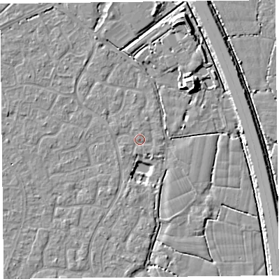 Shaded relief map of the ground around TA64UQ, computed from Environment Agency LiDAR. The ground here sits at about 6 m above sea level and falls 8 m across the surrounding 800 m. Surface water reaching this point runs off ground lying to the west-south-west, 0.8 m higher.