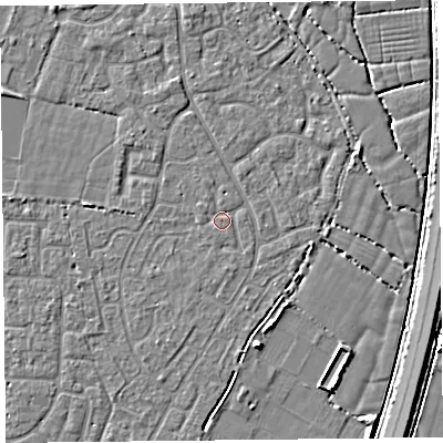 Shaded relief map of the ground around TA64UR, computed from Environment Agency LiDAR. The ground here sits at about 6 m above sea level and falls 6 m across the surrounding 800 m. Surface water reaching this point runs off ground lying to the south, 0.7 m higher.