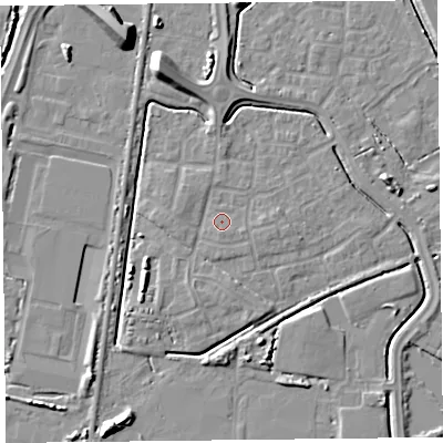 Shaded relief map of the ground around TA64US, computed from Environment Agency LiDAR. The ground here sits at about 7 m above sea level and falls 10 m across the surrounding 800 m. Surface water reaching this point runs off ground lying to the west-north-west, 1.2 m higher.