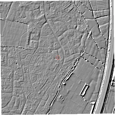 Shaded relief map of the ground around TA64UT, computed from Environment Agency LiDAR. The ground here sits at about 6 m above sea level and falls 6 m across the surrounding 800 m. Surface water reaching this point runs off ground lying to the south-south-west, 0.7 m higher.