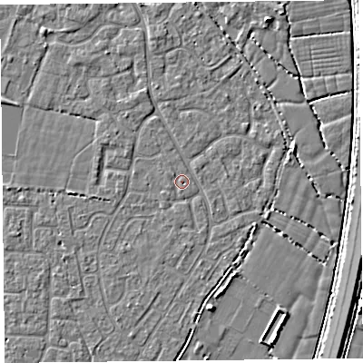 Shaded relief map of the ground around TA64UU, computed from Environment Agency LiDAR. The ground here sits at about 6 m above sea level and falls 6 m across the surrounding 800 m. Surface water reaching this point runs off ground lying to the south, 1.0 m higher.
