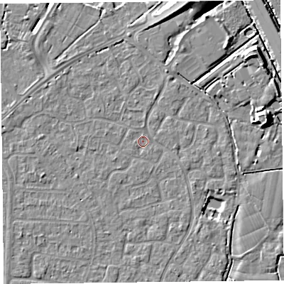 Shaded relief map of the ground around TA64UW, computed from Environment Agency LiDAR. The ground here sits at about 6 m above sea level and falls 8 m across the surrounding 800 m. Surface water reaching this point runs off ground lying to the north-west, 1.1 m higher.