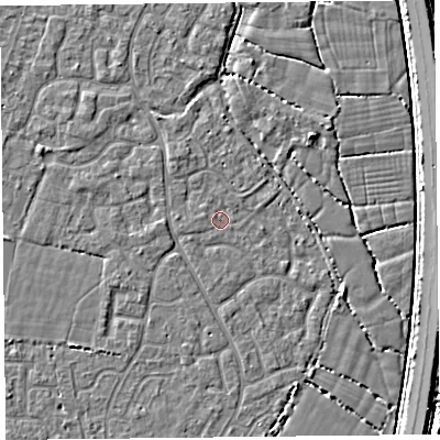 Shaded relief map of the ground around TA64UX, computed from Environment Agency LiDAR. The ground here sits at about 6 m above sea level and falls 5 m across the surrounding 800 m. Surface water reaching this point runs off ground lying to the north-north-west, 1.4 m higher.