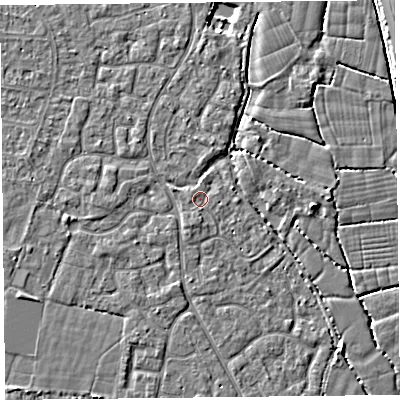 Shaded relief map of the ground around TA64UY, computed from Environment Agency LiDAR. The ground here sits at about 6 m above sea level and falls 4 m across the surrounding 800 m. Surface water reaching this point runs off ground lying to the south-south-west, 1.0 m higher.