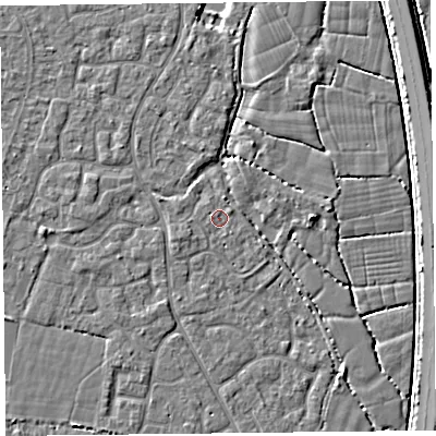 Shaded relief map of the ground around TA64UZ, computed from Environment Agency LiDAR. The ground here sits at about 6 m above sea level and falls 4 m across the surrounding 800 m. Surface water reaching this point runs off ground lying to the east-north-east, 0.7 m higher.