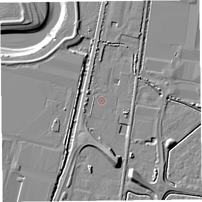 Shaded relief map of the ground around TA64WA, computed from Environment Agency LiDAR. The ground here sits at about 6 m above sea level and falls 13 m across the surrounding 800 m. Surface water reaching this point runs off ground lying to the south-south-east, 8.0 m higher.