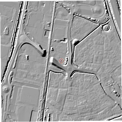 Shaded relief map of the ground around TA64WB, computed from Environment Agency LiDAR. The ground here sits at about 6 m above sea level and falls 10 m across the surrounding 800 m. Surface water reaching this point runs off ground lying to the west, 6.4 m higher.