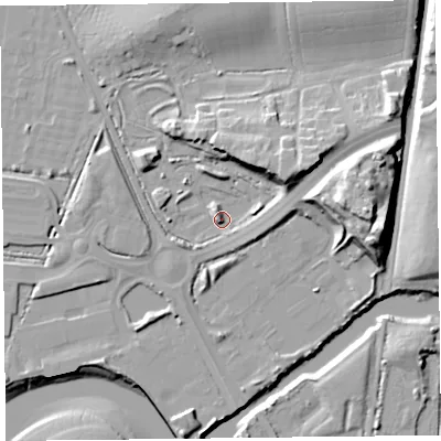 Shaded relief map of the ground around TA64WD, computed from Environment Agency LiDAR. The ground here sits at about 9 m above sea level and falls 23 m across the surrounding 800 m. Surface water reaching this point runs off ground lying to the east, 17.4 m higher.