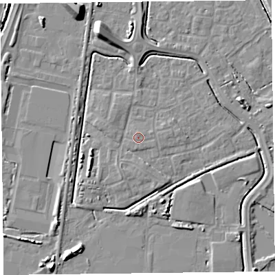 Shaded relief map of the ground around TA64WH, computed from Environment Agency LiDAR. The ground here sits at about 7 m above sea level and falls 10 m across the surrounding 800 m. Surface water reaching this point runs off ground lying to the east-north-east, 0.6 m higher.
