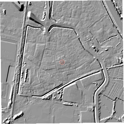 Shaded relief map of the ground around TA64WL, computed from Environment Agency LiDAR. The ground here sits at about 7 m above sea level and falls 10 m across the surrounding 800 m. Surface water reaching this point runs off ground lying to the south-west, 0.6 m higher.