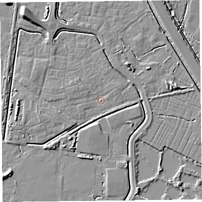 Shaded relief map of the ground around TA64WN, computed from Environment Agency LiDAR. The ground here sits at about 6 m above sea level and falls 8 m across the surrounding 800 m. Surface water reaching this point runs off ground lying to the west-north-west, 1.7 m higher.