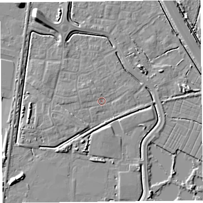 Shaded relief map of the ground around TA64WP, computed from Environment Agency LiDAR. The ground here sits at about 6 m above sea level and falls 10 m across the surrounding 800 m. Surface water reaching this point runs off ground lying to the west-north-west, 1.2 m higher.
