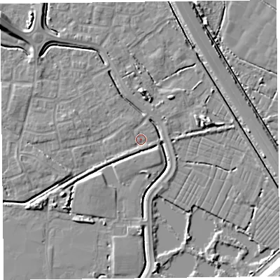 Shaded relief map of the ground around TA64WR, computed from Environment Agency LiDAR. The ground here sits at about 6 m above sea level and falls 8 m across the surrounding 800 m. Surface water reaching this point runs off ground lying to the south-west, 4.8 m higher.